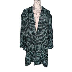 Ming Wang Knit Cardigan Sweater 1X, Teal Blue, Black Square Pattern, Lagenlook